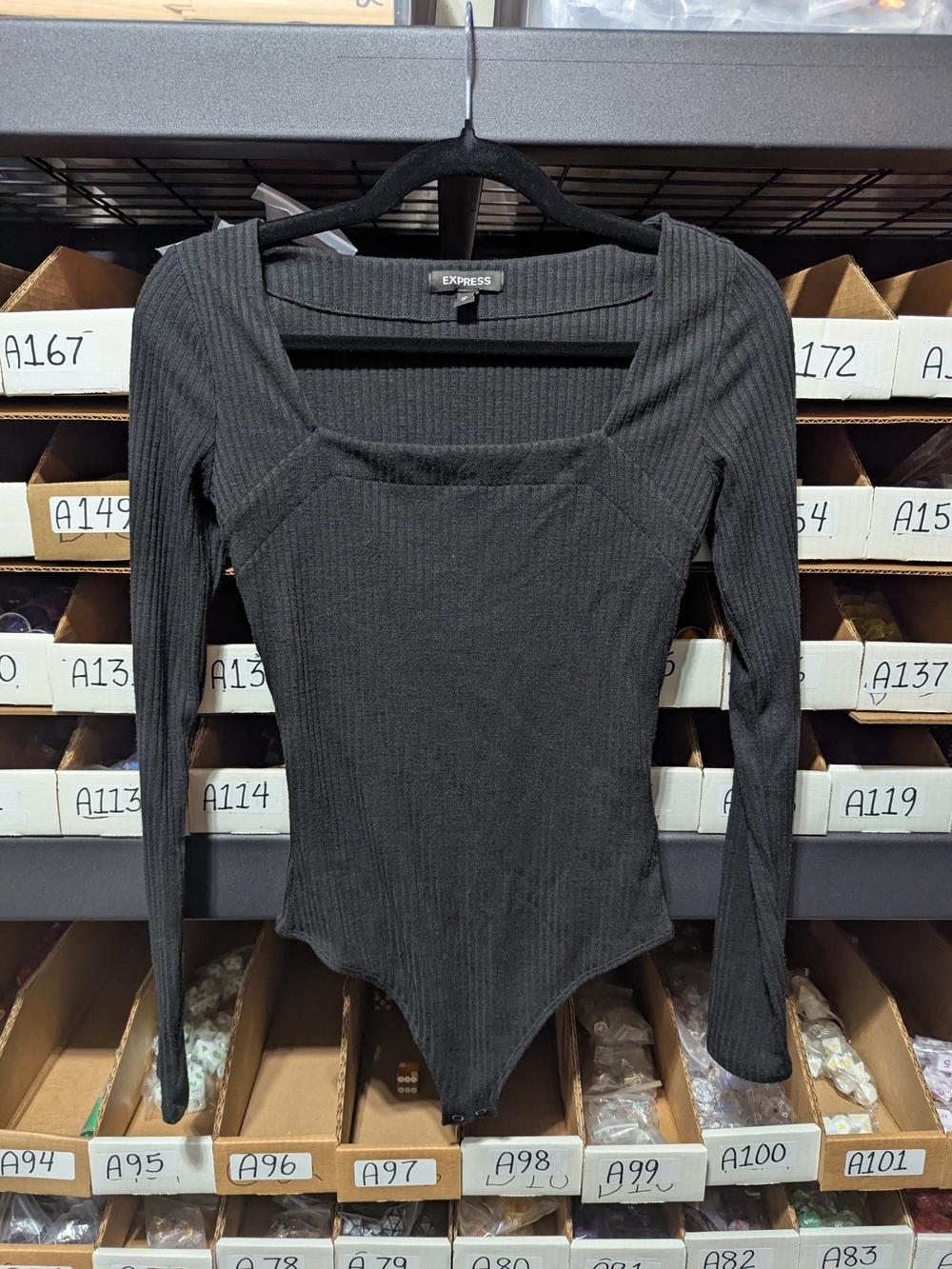 Express Black Ribbed Long Sleeve Square Neck Bodysuit XS
